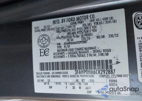 2012 Ford Fusion Se z USA, uszkodzony, nr VIN 3FAHP0HA6CR292887